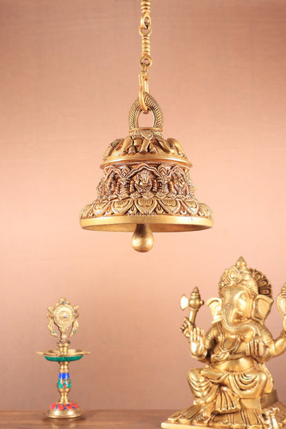 Brass Superfine Ashta Vinayaka Ganesha Hanging Temple Bell with Elephant Carvings - Budhshiv.com