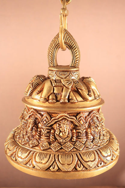 Brass Superfine Ashta Vinayaka Ganesha Hanging Temple Bell with Elephant Carvings - Budhshiv.com