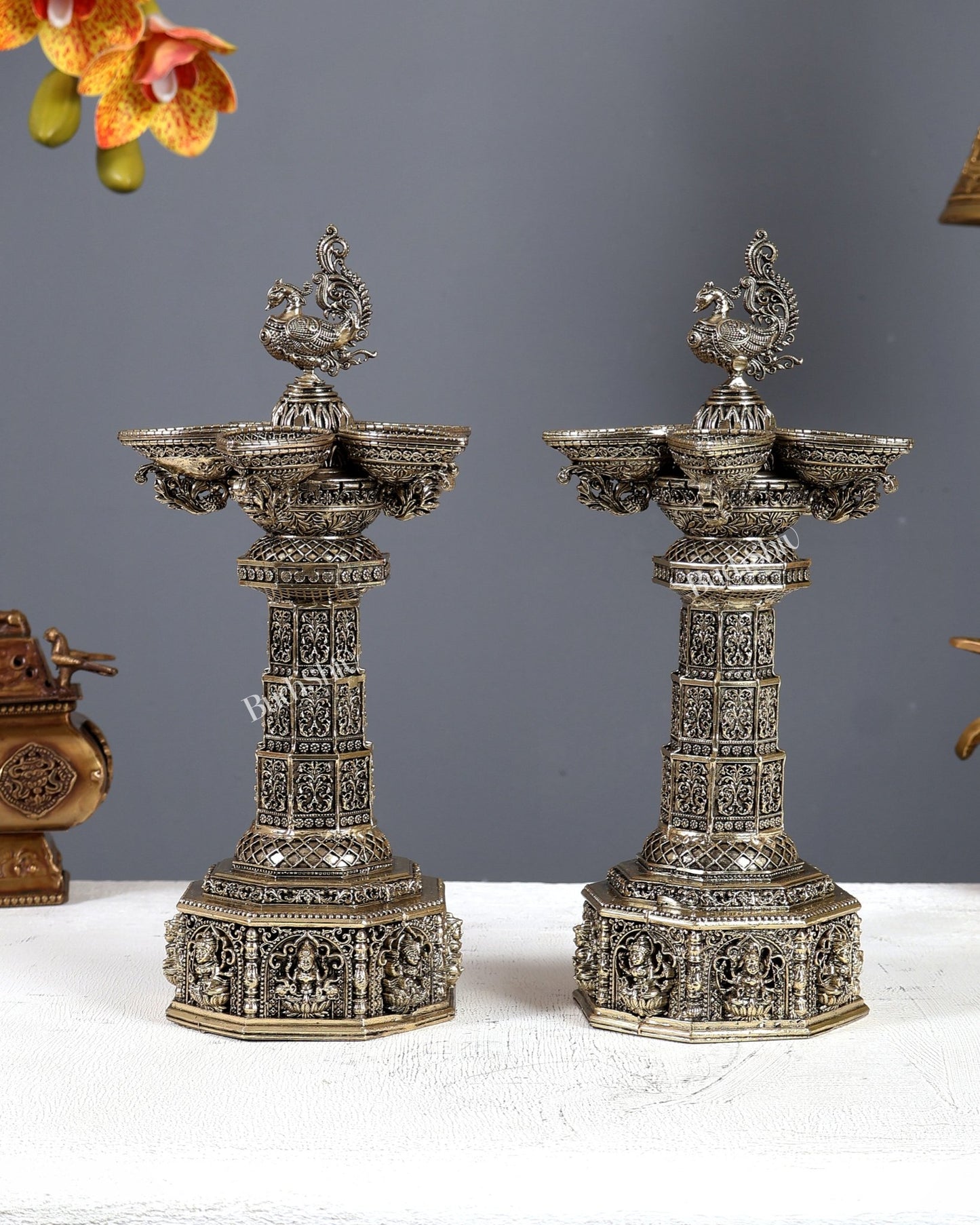 Brass Superfine Ashtalakshmi Annam Vilakku Diya Pair – Tower Style Auspicious Oil Lamps (10 Inches) - Budhshiv.com