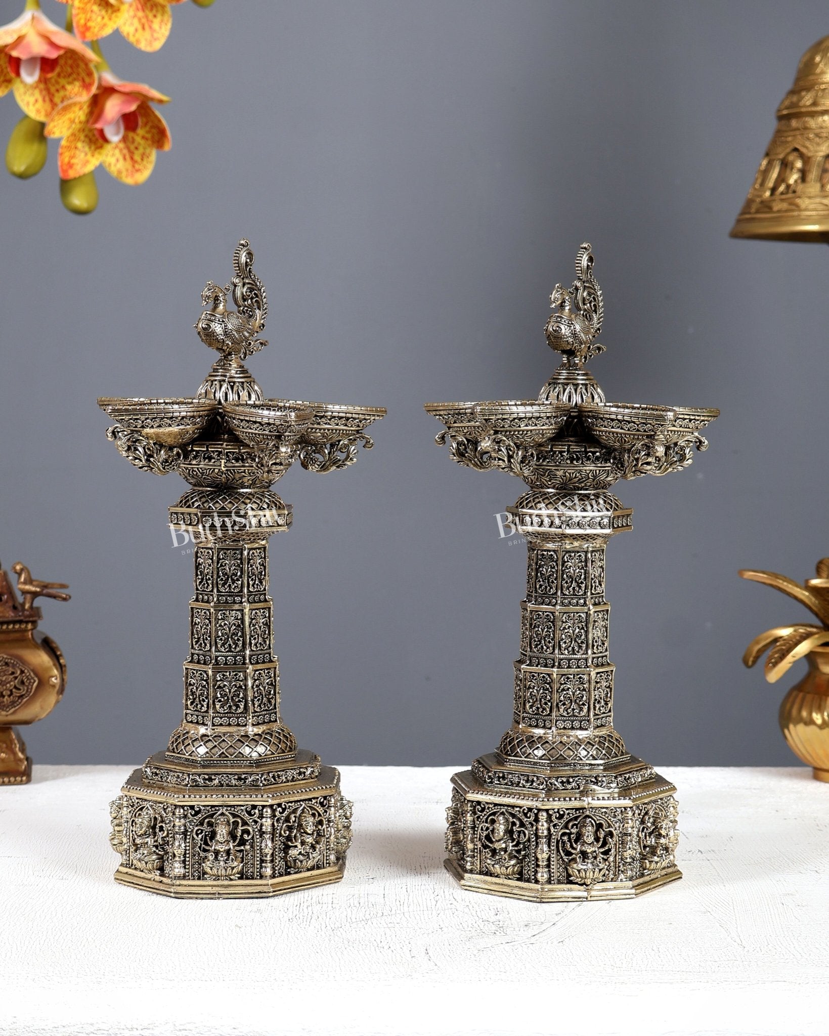 Brass Superfine Ashtalakshmi Annam Vilakku Diya Pair – Tower Style Auspicious Oil Lamps (10 Inches) - Budhshiv.com
