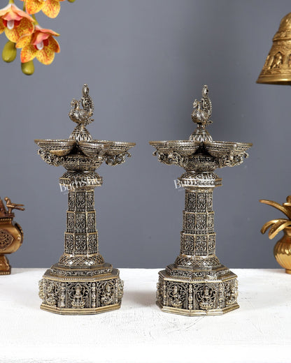 Brass Superfine Ashtalakshmi Annam Vilakku Diya Pair – Tower Style Auspicious Oil Lamps (10 Inches) - Budhshiv.com