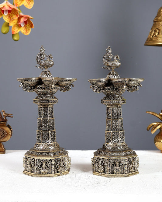 Brass Superfine Ashtalakshmi Annam Vilakku Diya Pair – Tower Style Auspicious Oil Lamps (10 Inches) - Budhshiv.com