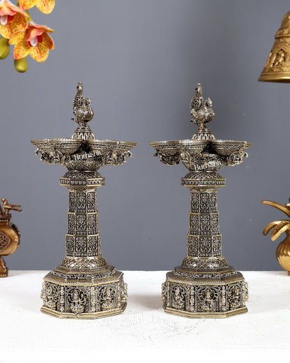 Brass Superfine Ashtalakshmi Annam Vilakku Diya Pair – Tower Style Auspicious Oil Lamps (10 Inches) - Budhshiv.com