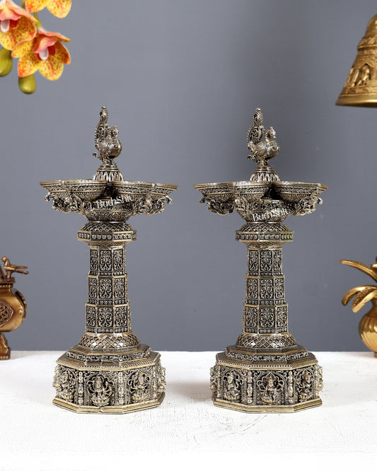 Brass Superfine Ashtalakshmi Annam Vilakku Diya Pair – Tower Style Auspicious Oil Lamps (10 Inches) - Budhshiv.com