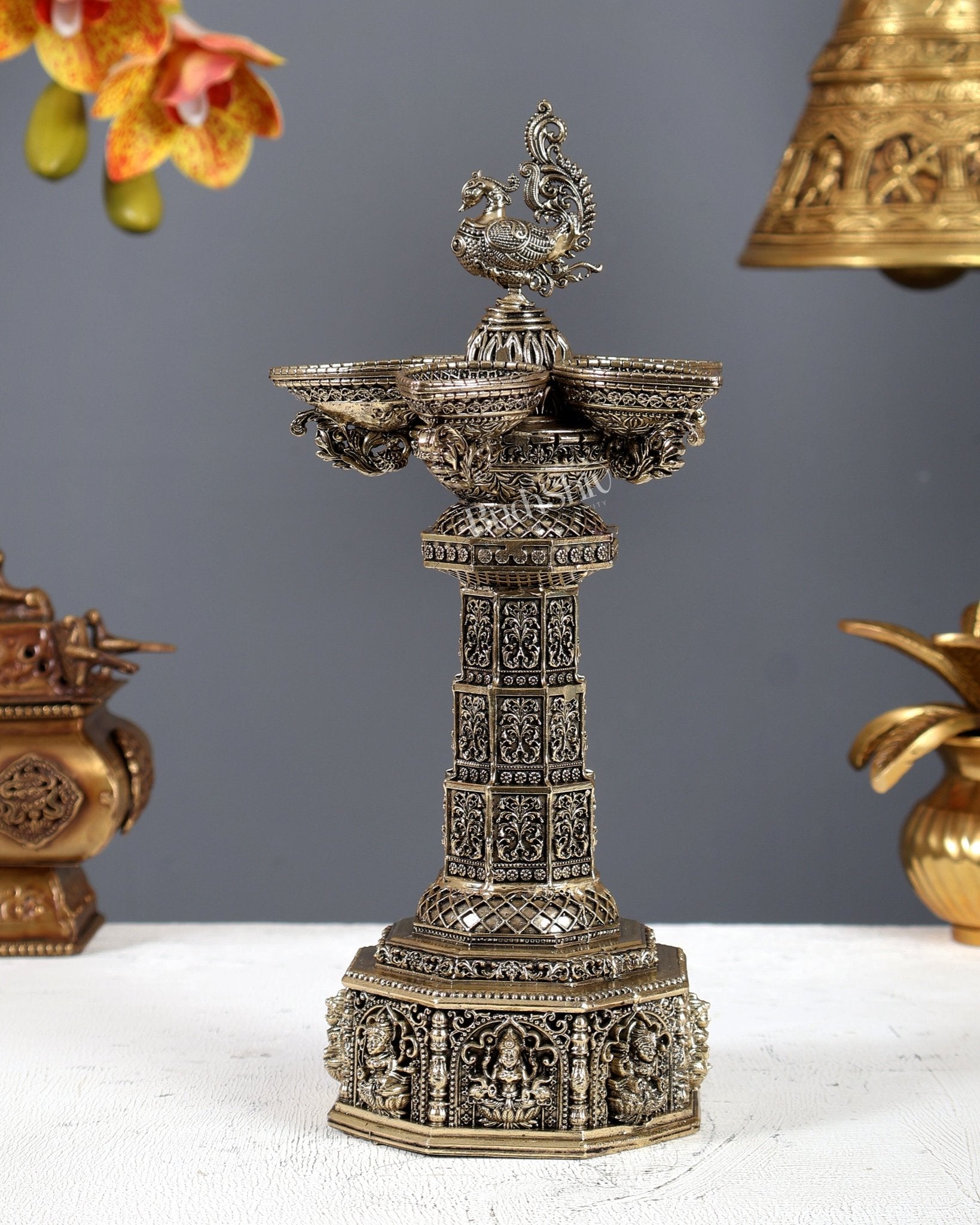 Brass Superfine Ashtalakshmi Annam Vilakku Diya – Tower Style Auspicious Oil Lamp (10 Inches) - Budhshiv.com