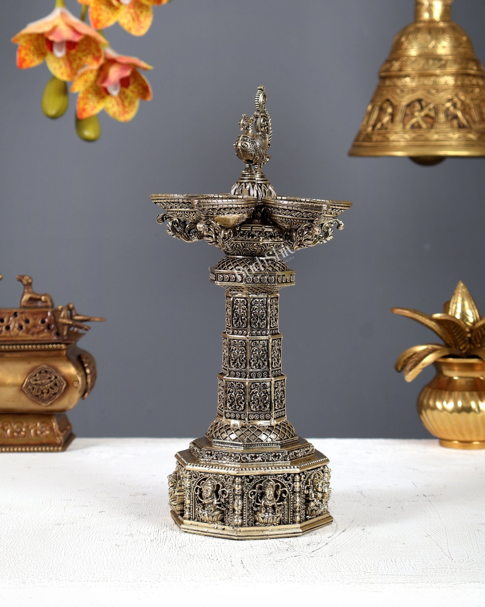 Brass Superfine Ashtalakshmi Annam Vilakku Diya – Tower Style Auspicious Oil Lamp (10 Inches) - Budhshiv.com