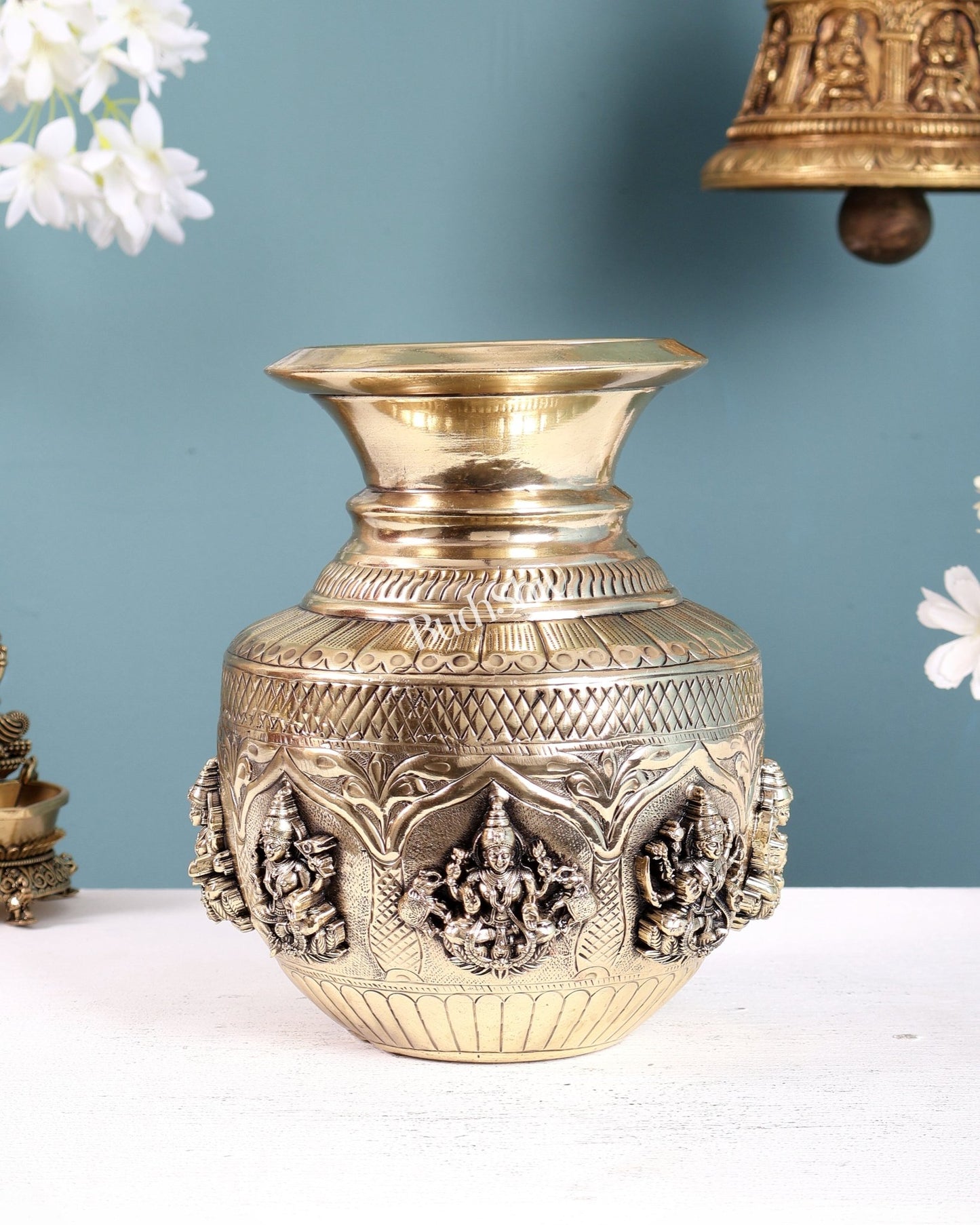 Brass Superfine Ashtalakshmi Kalash with 3D Carvings – 7.5 Inch Sacred Decor - Budhshiv.com