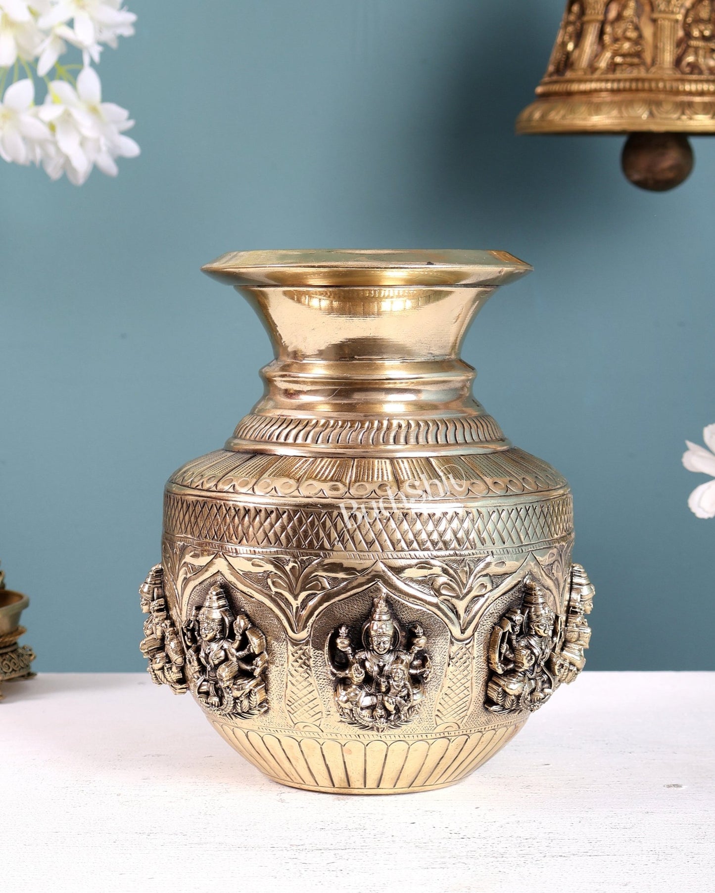 Brass Superfine Ashtalakshmi Kalash with 3D Carvings – 7.5 Inch Sacred Decor - Budhshiv.com