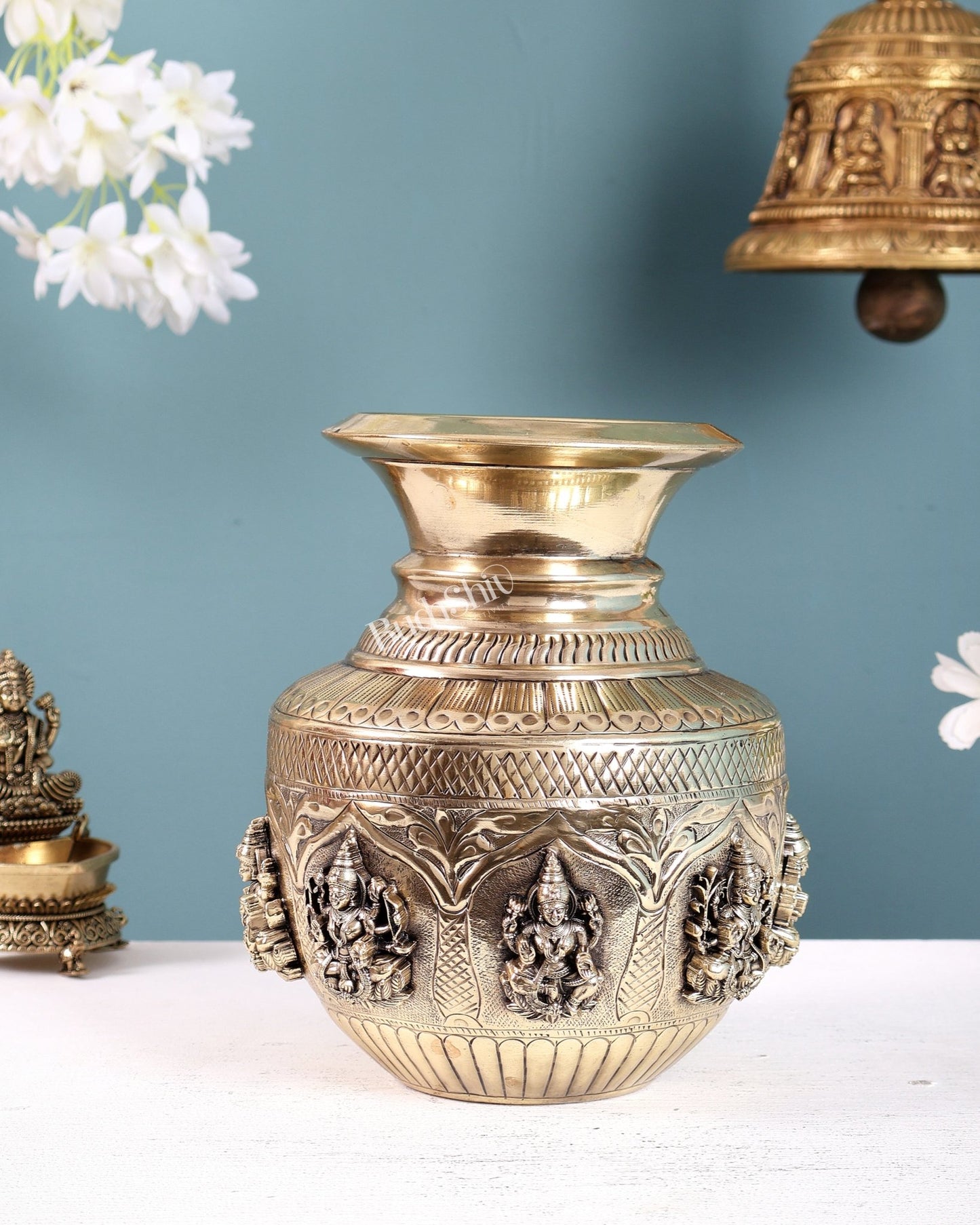 Brass Superfine Ashtalakshmi Kalash with 3D Carvings – 7.5 Inch Sacred Decor - Budhshiv.com