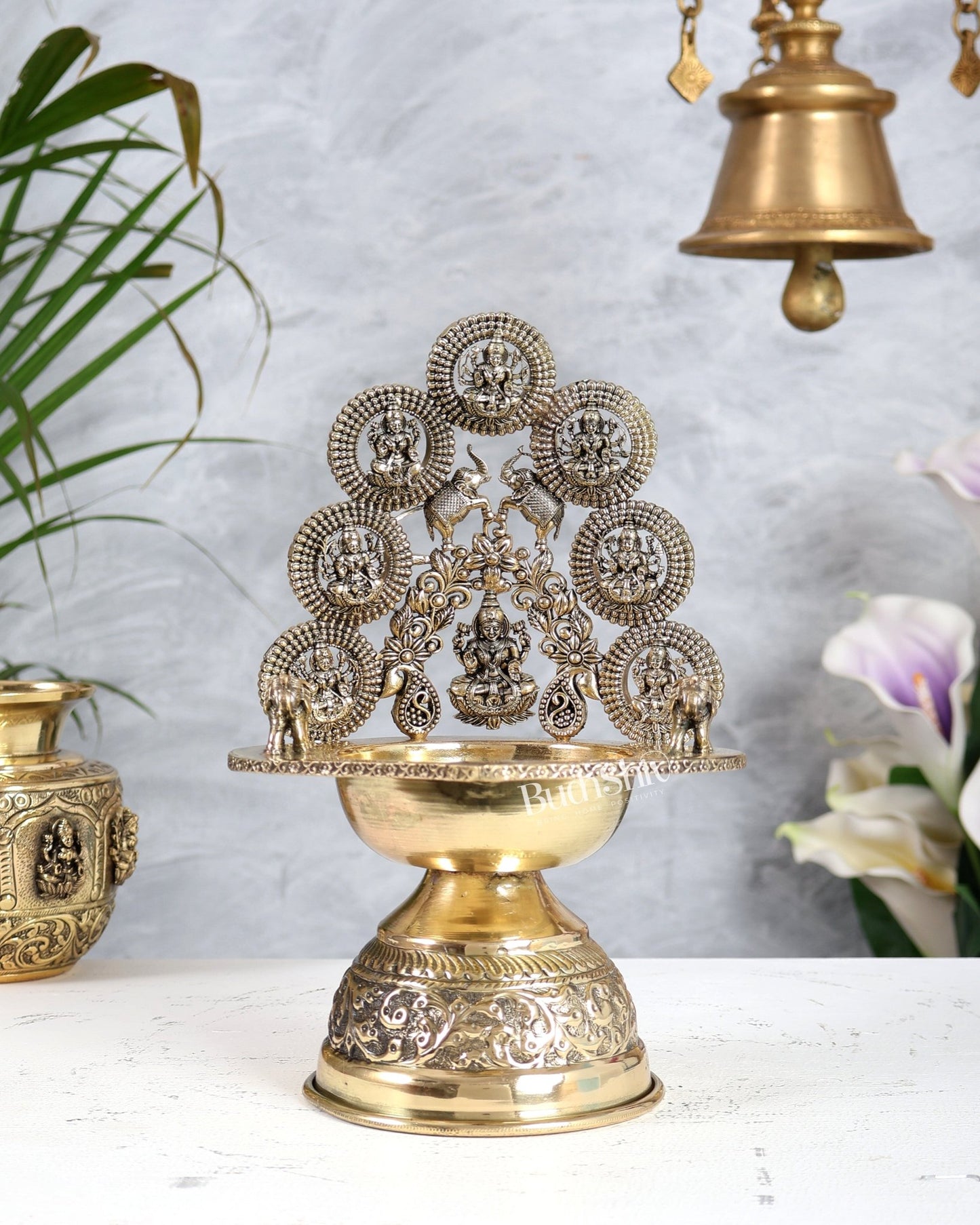 Brass Superfine Ashtalakshmi Kamatchi Vilakku – Intricately Handcrafted Oil Lamp (9.5 Inches) - Budhshiv.com
