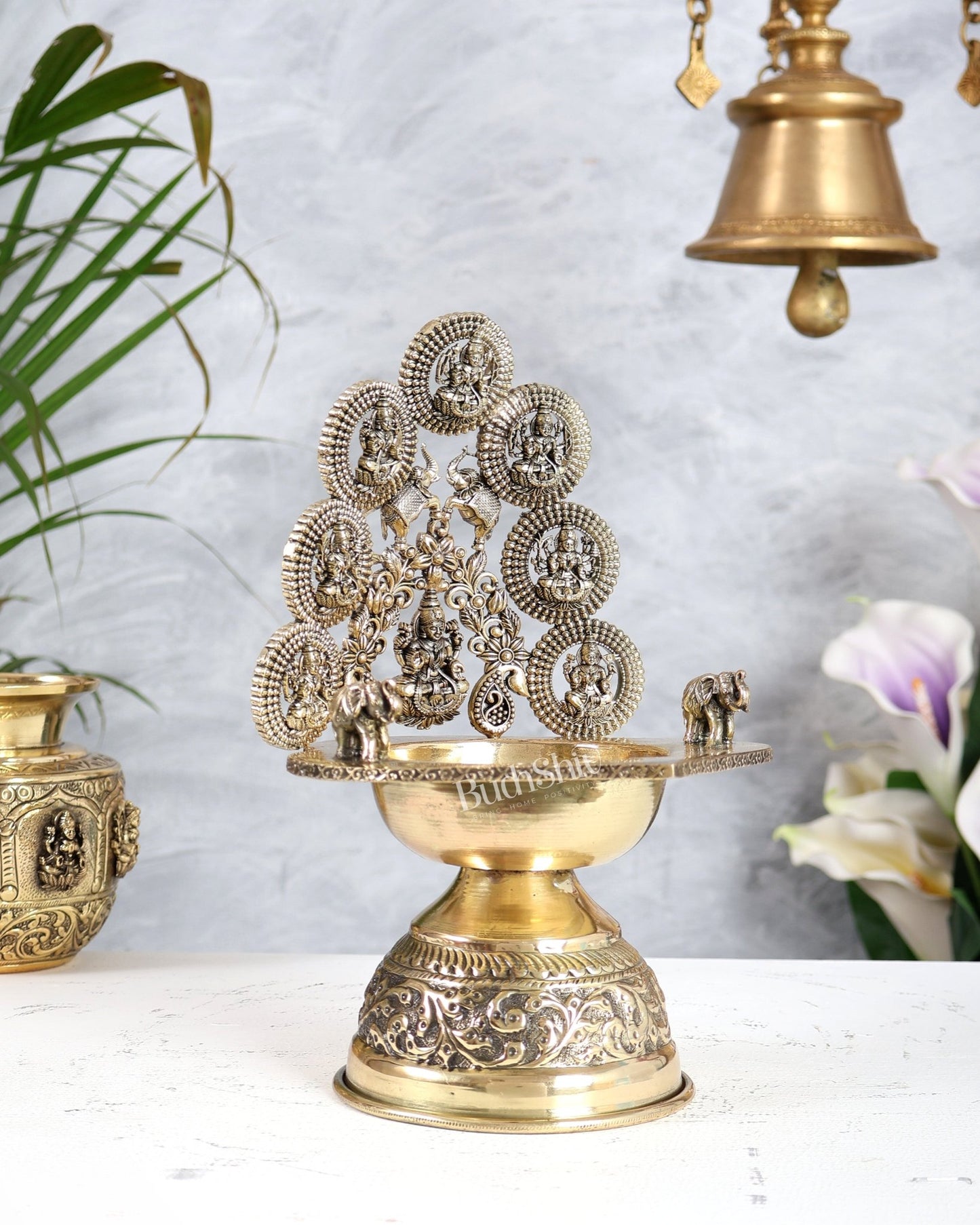 Brass Superfine Ashtalakshmi Kamatchi Vilakku – Intricately Handcrafted Oil Lamp (9.5 Inches) - Budhshiv.com