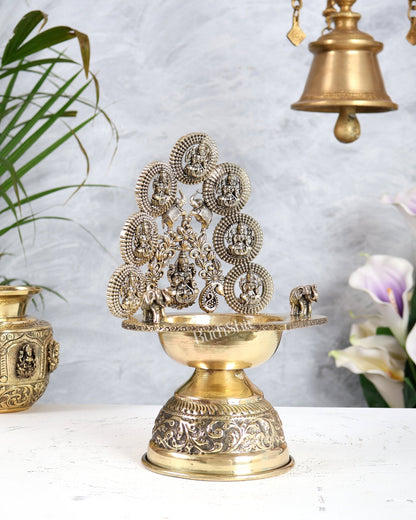 Brass Superfine Ashtalakshmi Kamatchi Vilakku – Intricately Handcrafted Oil Lamp (9.5 Inches) - Budhshiv.com
