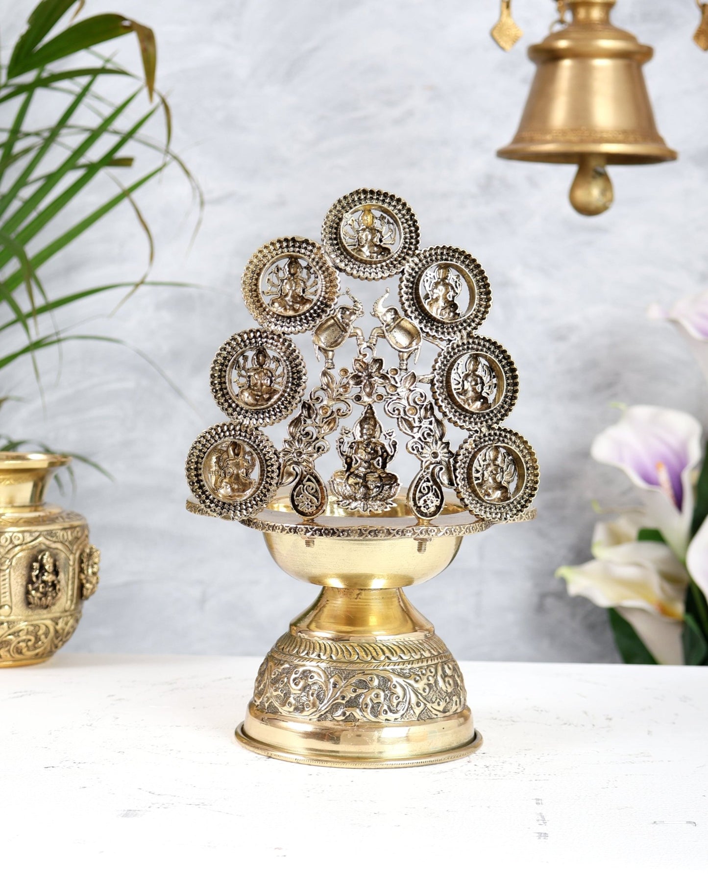 Brass Superfine Ashtalakshmi Kamatchi Vilakku – Intricately Handcrafted Oil Lamp (9.5 Inches) - Budhshiv.com