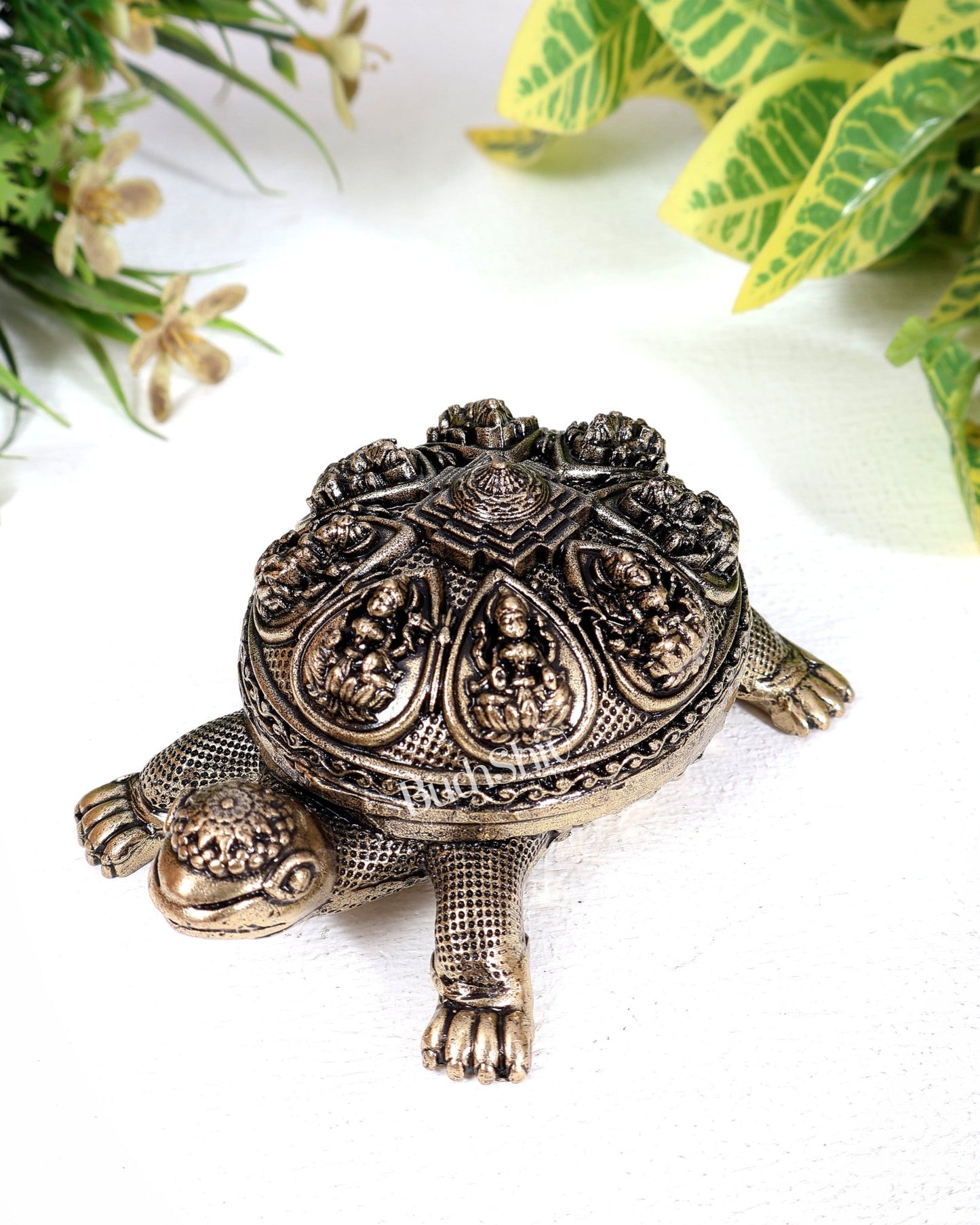 Brass Superfine Ashtalakshmi Shri Yantra on Kurma Tortoise Idol | Highly Detailed 4 inches wide - Budhshiv.com
