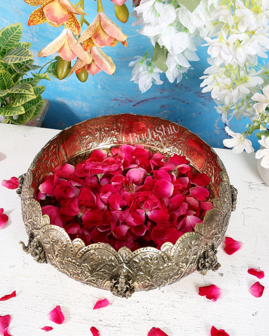 Brass Superfine Ashtalakshmi Urli with Elephant Legs – 10 Inch Decorative Bowl - Budhshiv.com