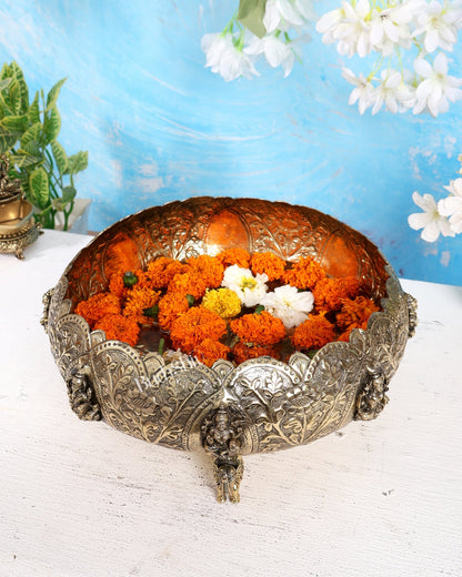 Brass Superfine Ashtalakshmi Urli with Elephant Legs – 10 Inch Decorative Bowl - Budhshiv.com