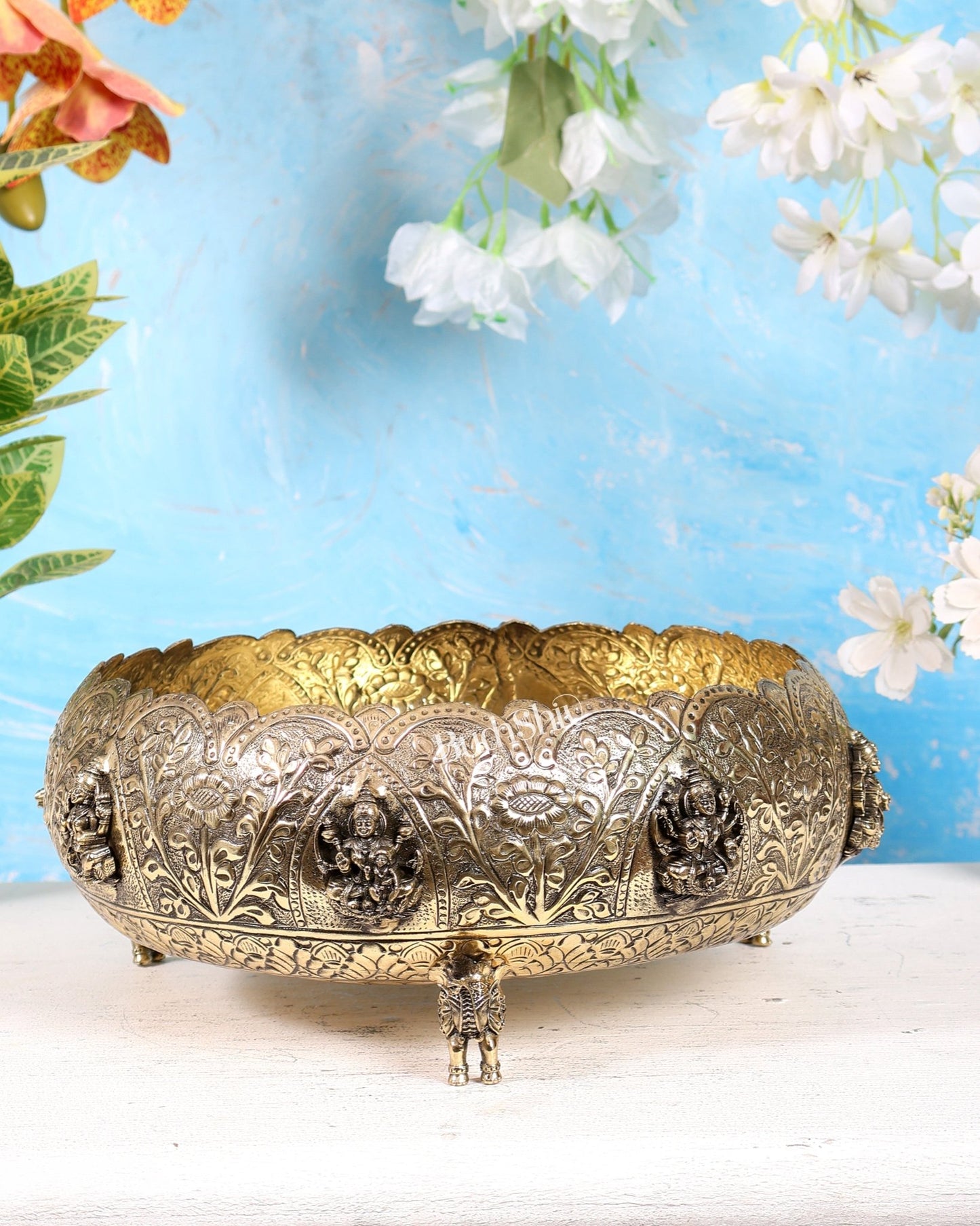 Brass Superfine Ashtalakshmi Urli with Elephant Legs – 10 Inch Decorative Bowl - Budhshiv.com