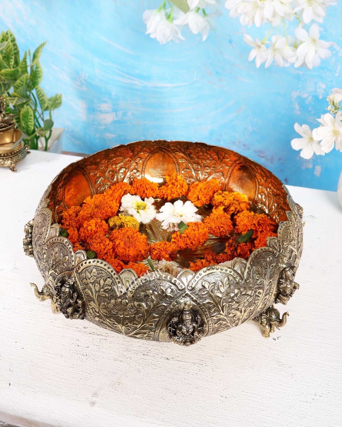 Brass Superfine Ashtalakshmi Urli with Elephant Legs – 10 Inch Decorative Bowl - Budhshiv.com