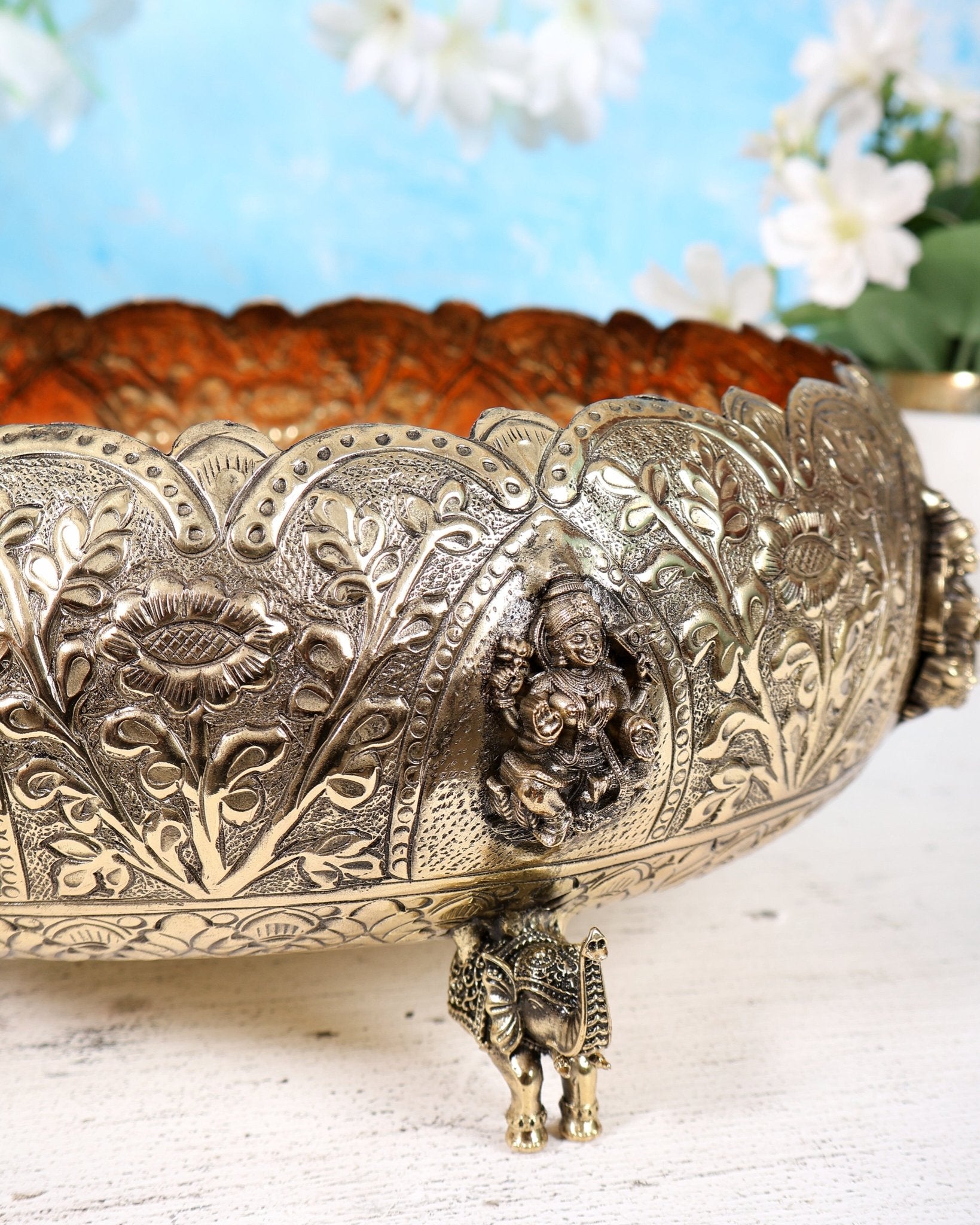 Brass Superfine Ashtalakshmi Urli with Elephant Legs – 10 Inch Decorative Bowl - Budhshiv.com