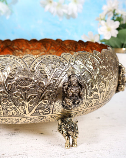 Brass Superfine Ashtalakshmi Urli with Elephant Legs – 10 Inch Decorative Bowl - Budhshiv.com