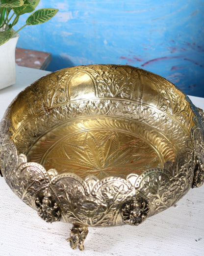Brass Superfine Ashtalakshmi Urli with Elephant Legs – 10 Inch Decorative Bowl - Budhshiv.com