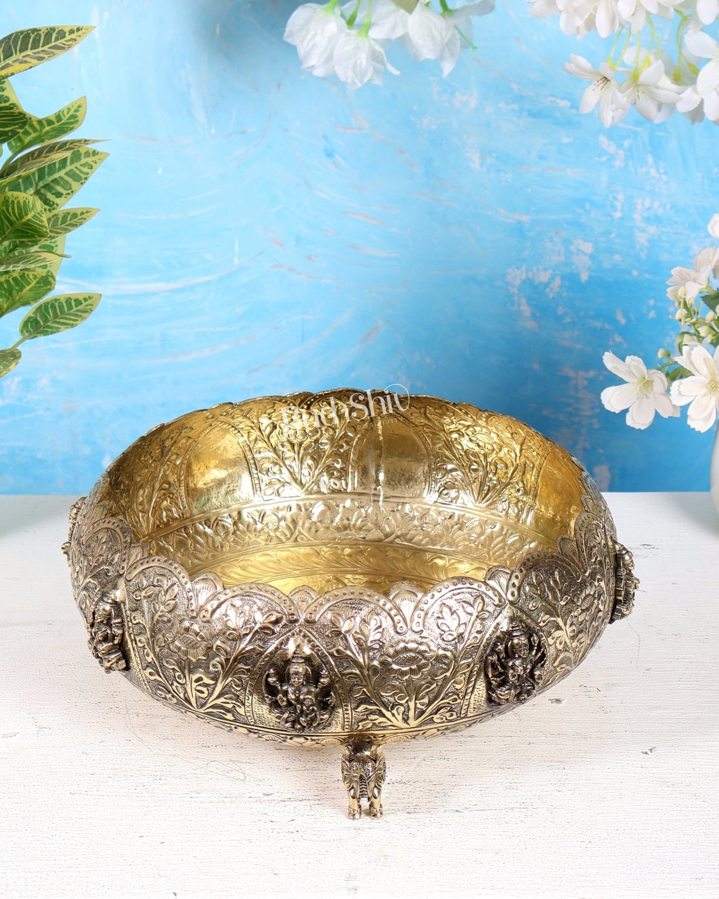 Brass Superfine Ashtalakshmi Urli with Elephant Legs – 10 Inch Decorative Bowl - Budhshiv.com