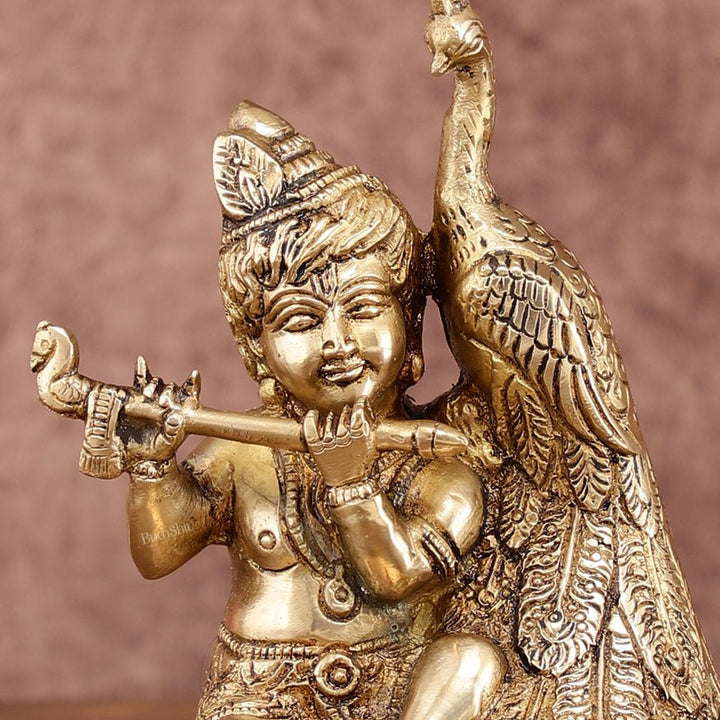 Brass Superfine Baal Gopal Krishna with Peacock | 7 Inch Height - Budhshiv.com