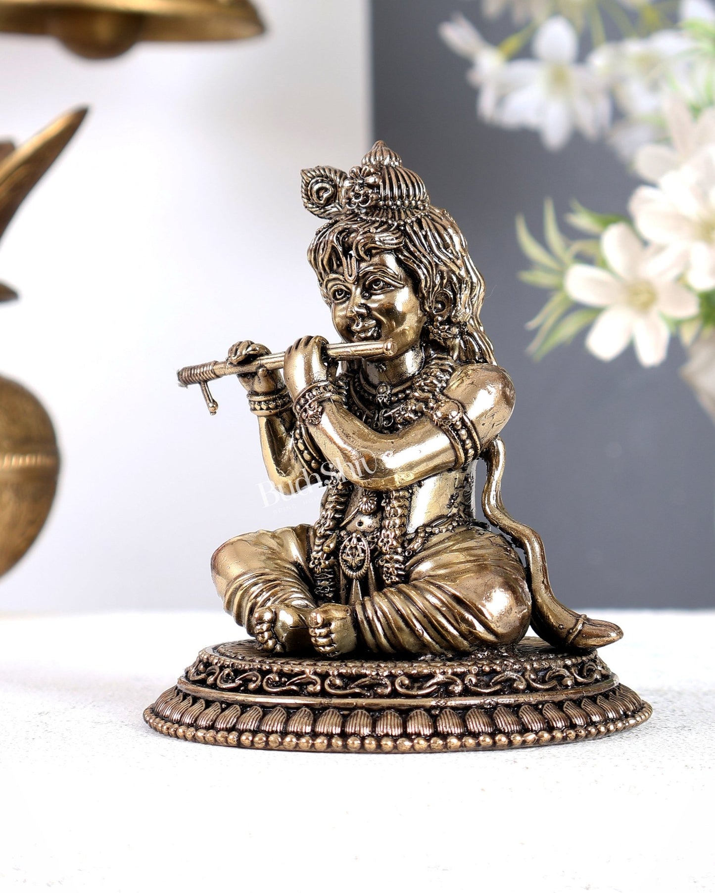 Brass Superfine Baby Krishna Sitting Playing Flute Idol – Handcrafted Smiling Bal Gopal Statue 5 inch - Budhshiv.com