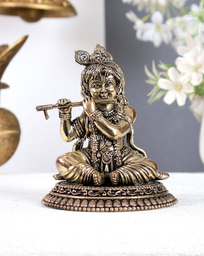 Brass Superfine Baby Krishna Sitting Playing Flute Idol – Handcrafted Smiling Bal Gopal Statue 5 inch - Budhshiv.com