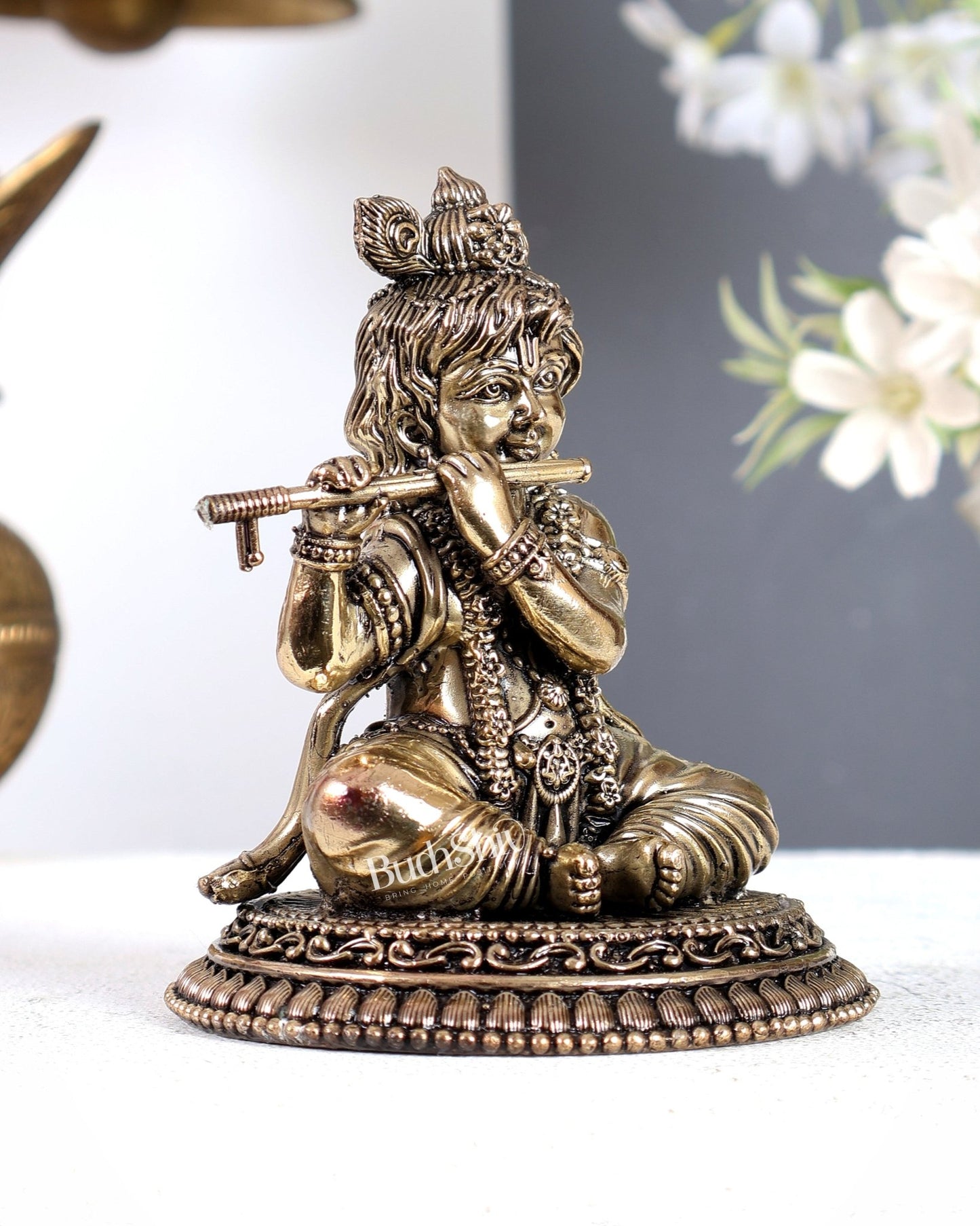 Brass Superfine Baby Krishna Sitting Playing Flute Idol – Handcrafted Smiling Bal Gopal Statue 5 inch - Budhshiv.com