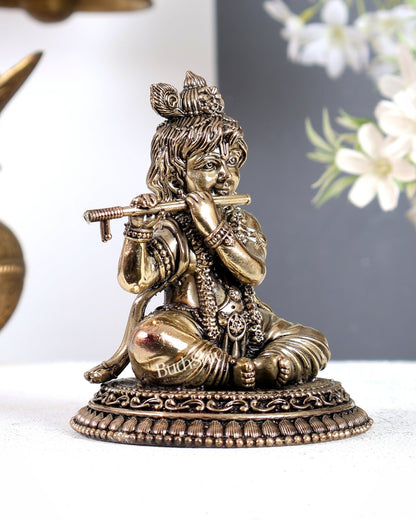 Brass Superfine Baby Krishna Sitting Playing Flute Idol – Handcrafted Smiling Bal Gopal Statue 5 inch - Budhshiv.com