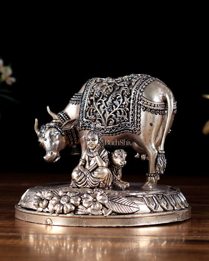 Brass Superfine Baby Krishna with Kamdhenu Cow & Calf - Budhshiv.com