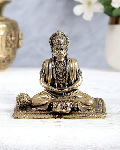Brass Superfine Bhakt Hanuman Meditation Idol – Compact Divine Statue (3 Inches - Budhshiv.com