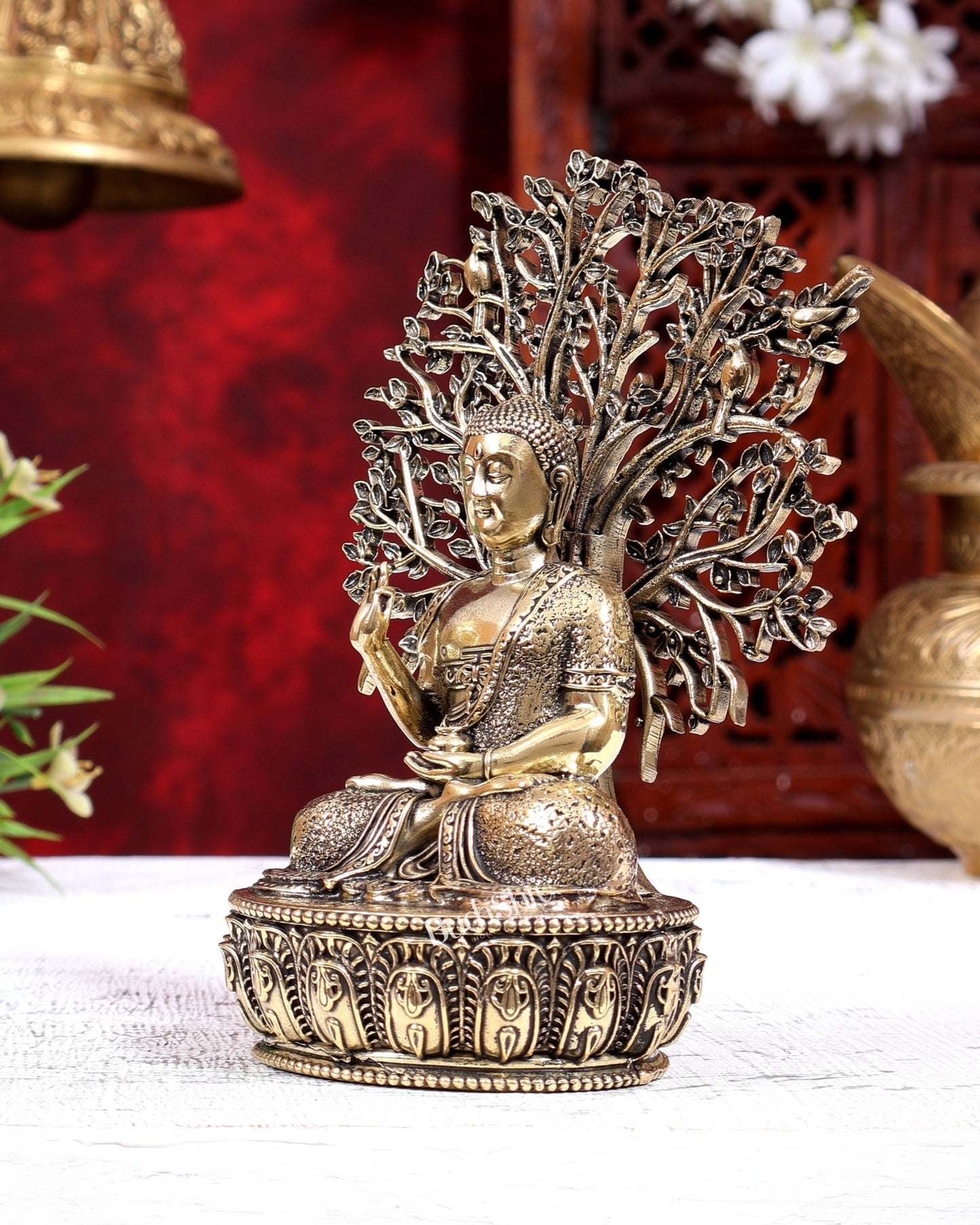 Brass Superfine Buddha with Bodhi Tree Idol | Pure Brass Buddhist Miniature Sculpture 6 inch - Budhshiv.com