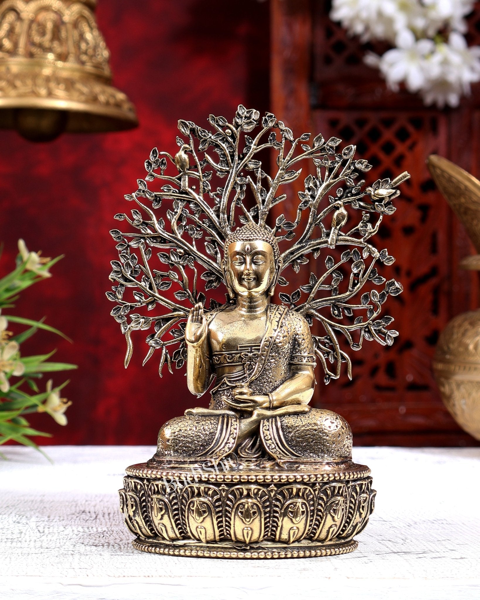 Brass Superfine Buddha with Bodhi Tree Idol | Pure Brass Buddhist Miniature Sculpture 6 inch - Budhshiv.com