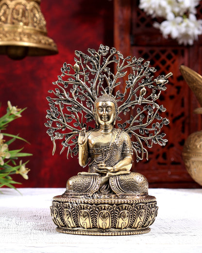 Brass Superfine Buddha with Bodhi Tree Idol | Pure Brass Buddhist Miniature Sculpture 6 inch - Budhshiv.com