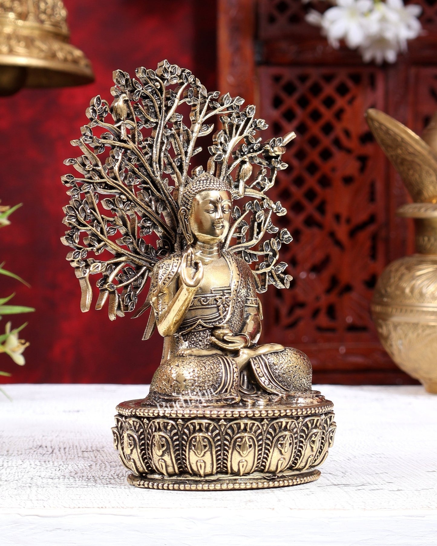 Brass Superfine Buddha with Bodhi Tree Idol | Pure Brass Buddhist Miniature Sculpture 6 inch - Budhshiv.com