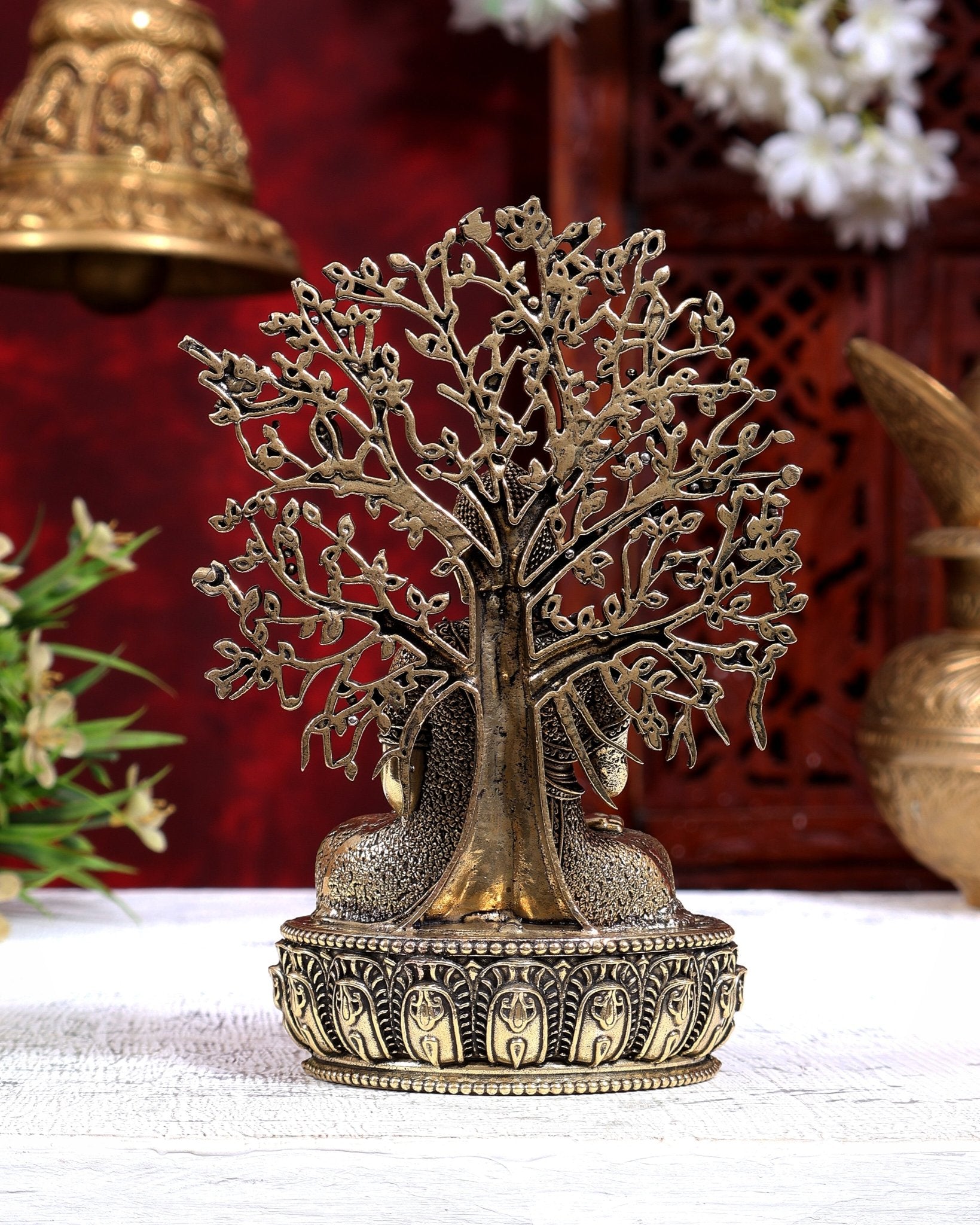 Brass Superfine Buddha with Bodhi Tree Idol | Pure Brass Buddhist Miniature Sculpture 6 inch - Budhshiv.com
