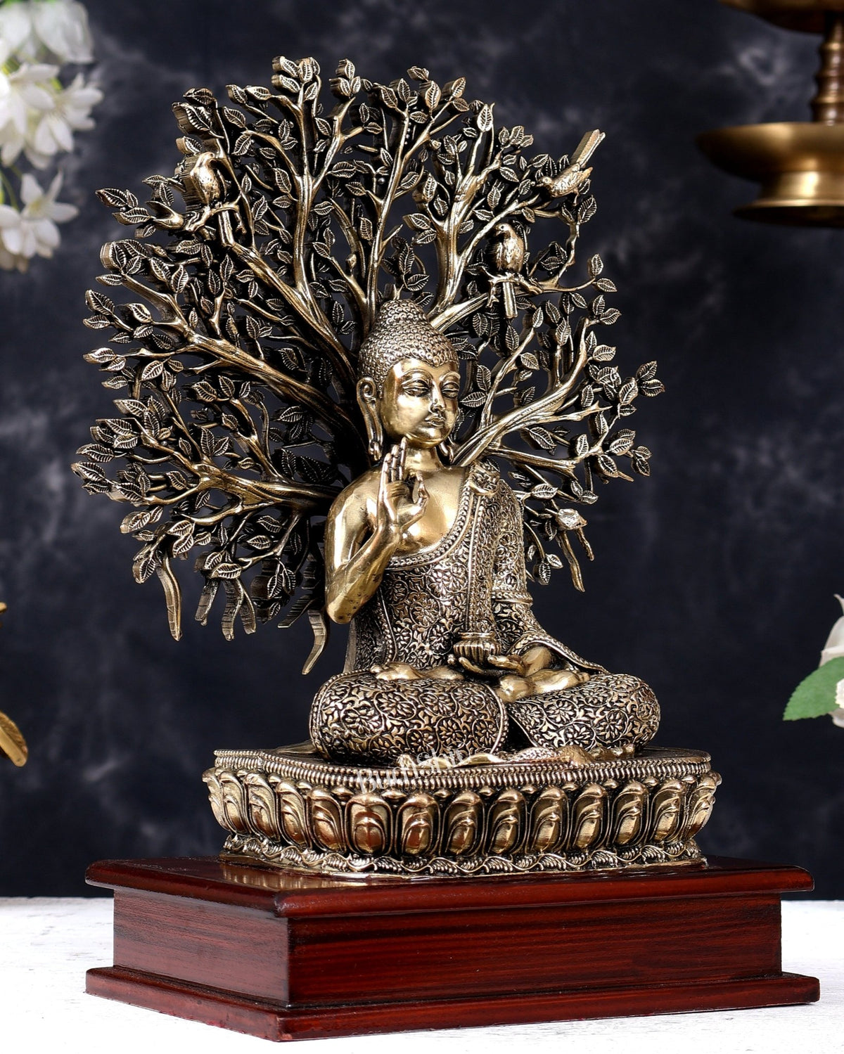 Brass Superfine Buddha with Bodhi Tree on Wooden Base 11 inch - Budhshiv.com