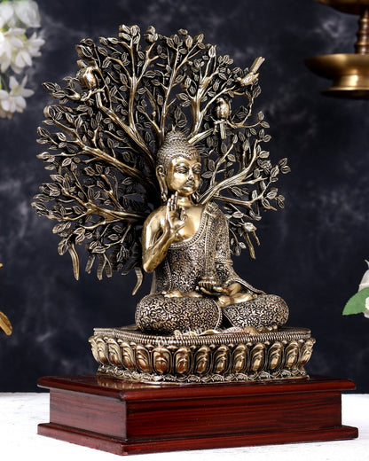 Brass Superfine Buddha with Bodhi Tree on Wooden Base 11 inch - Budhshiv.com