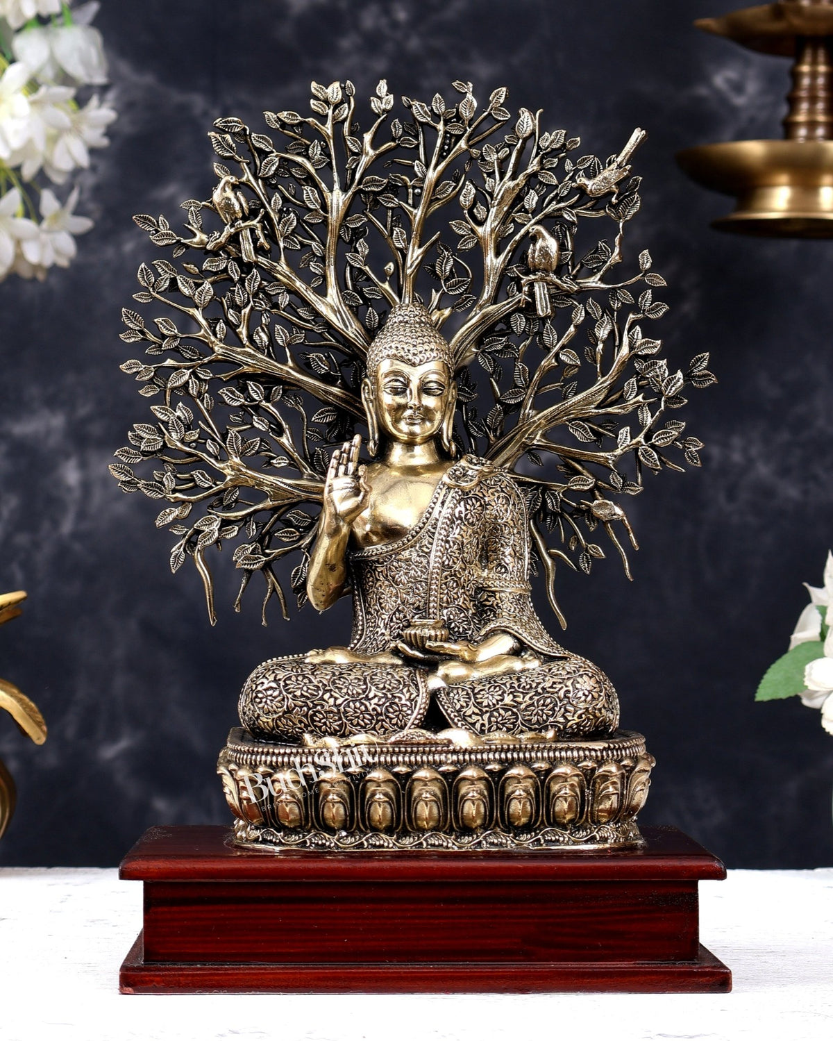 Brass Superfine Buddha with Bodhi Tree on Wooden Base 11 inch - Budhshiv.com
