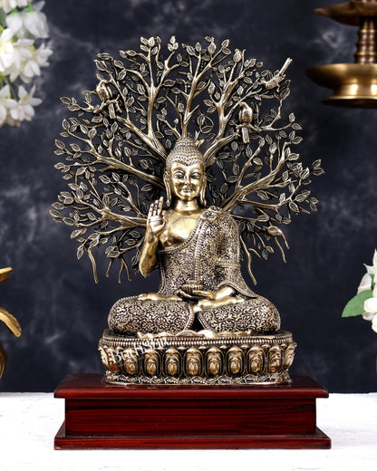 Brass Superfine Buddha with Bodhi Tree on Wooden Base 11 inch - Budhshiv.com