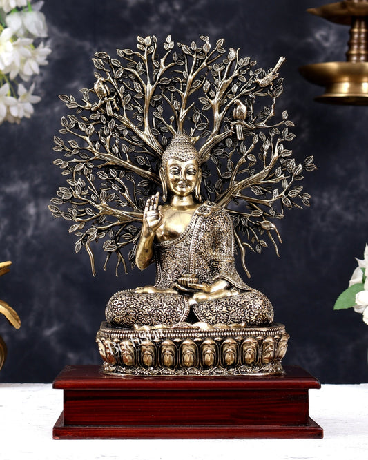 Brass Superfine Buddha with Bodhi Tree on Wooden Base 11 inch - Budhshiv.com