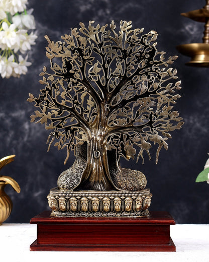 Brass Superfine Buddha with Bodhi Tree on Wooden Base 11 inch - Budhshiv.com