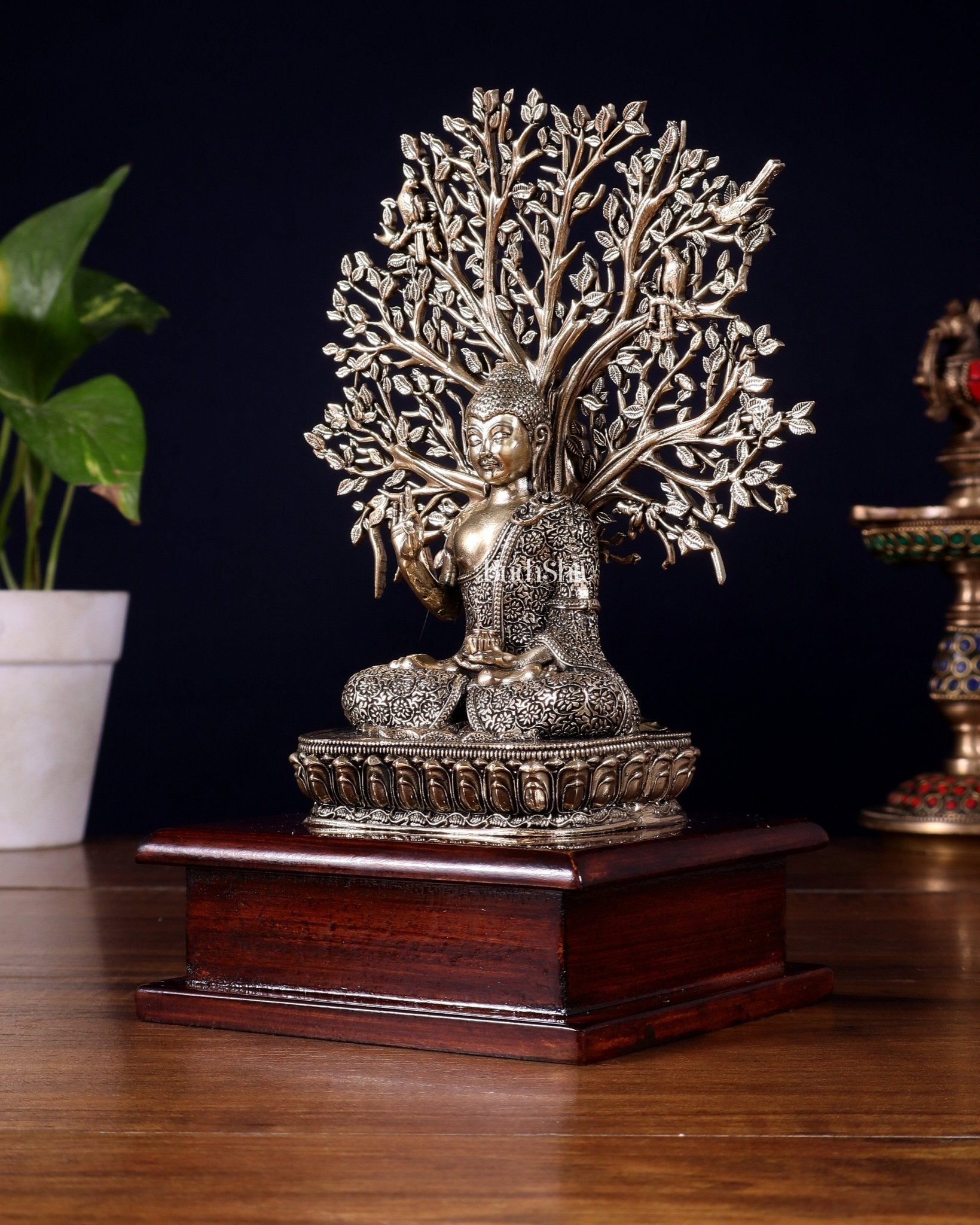 Brass Superfine Buddha with Kalpavriksha on Wooden Base – 8.5 Inch - Budhshiv.com