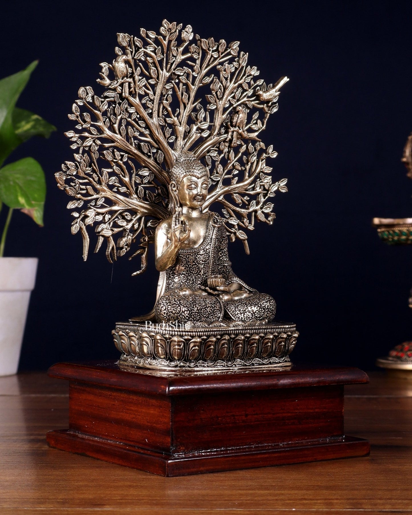 Brass Superfine Buddha with Kalpavriksha on Wooden Base – 8.5 Inch - Budhshiv.com