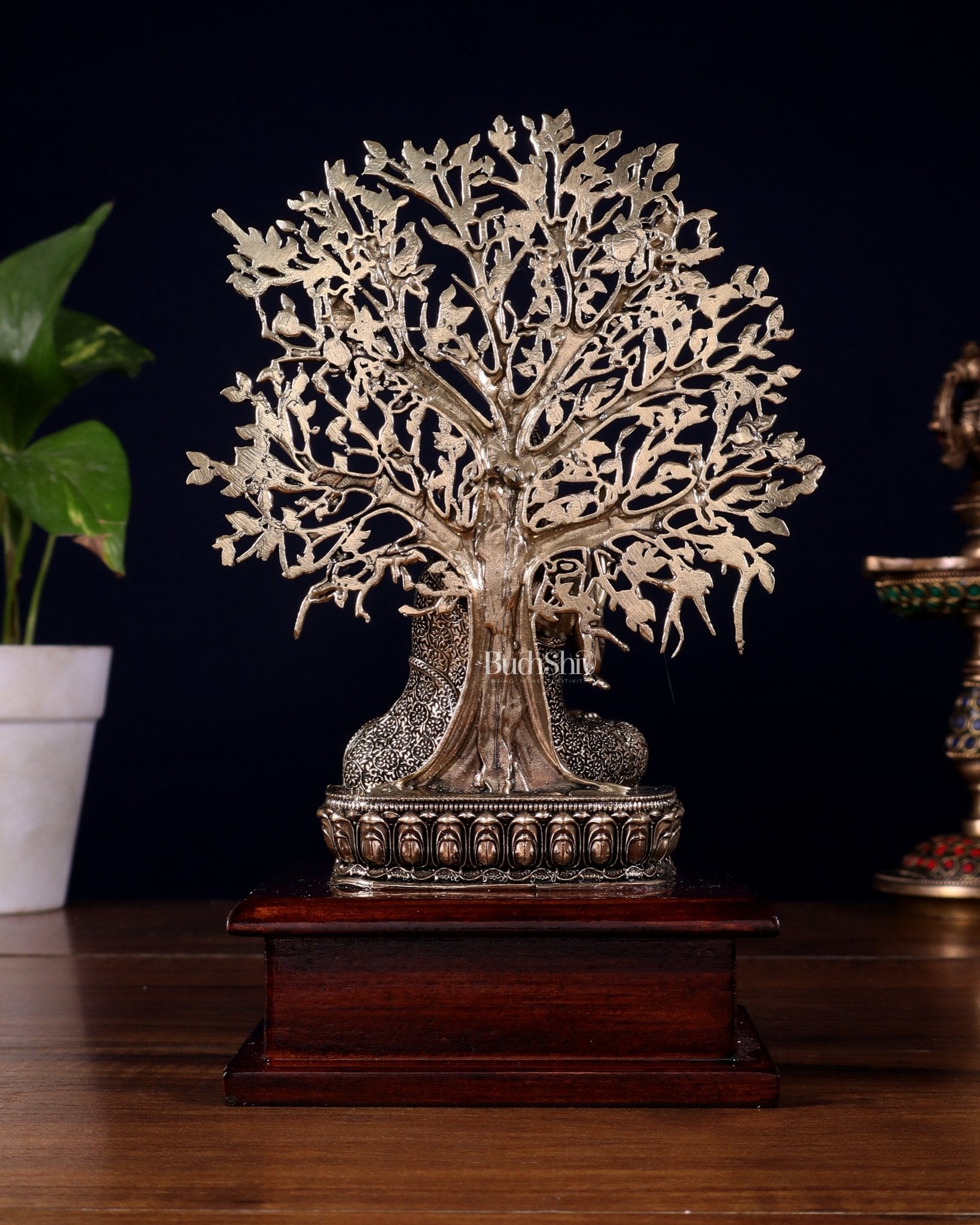 Brass Superfine Buddha with Kalpavriksha on Wooden Base – 8.5 Inch - Budhshiv.com