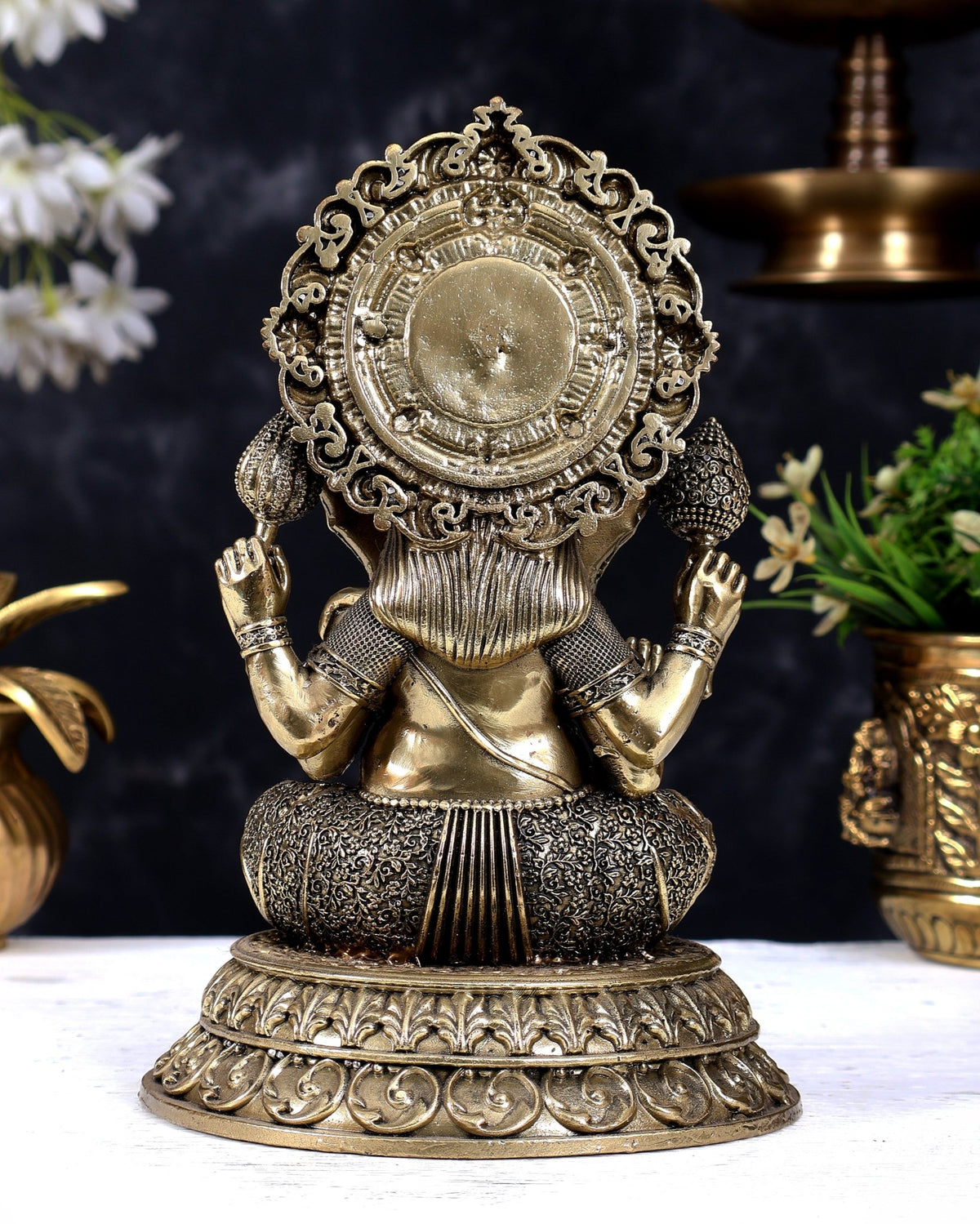 Brass Superfine Cross-Legged Ganesha Statue with Aureole 8 inch - Budhshiv.com