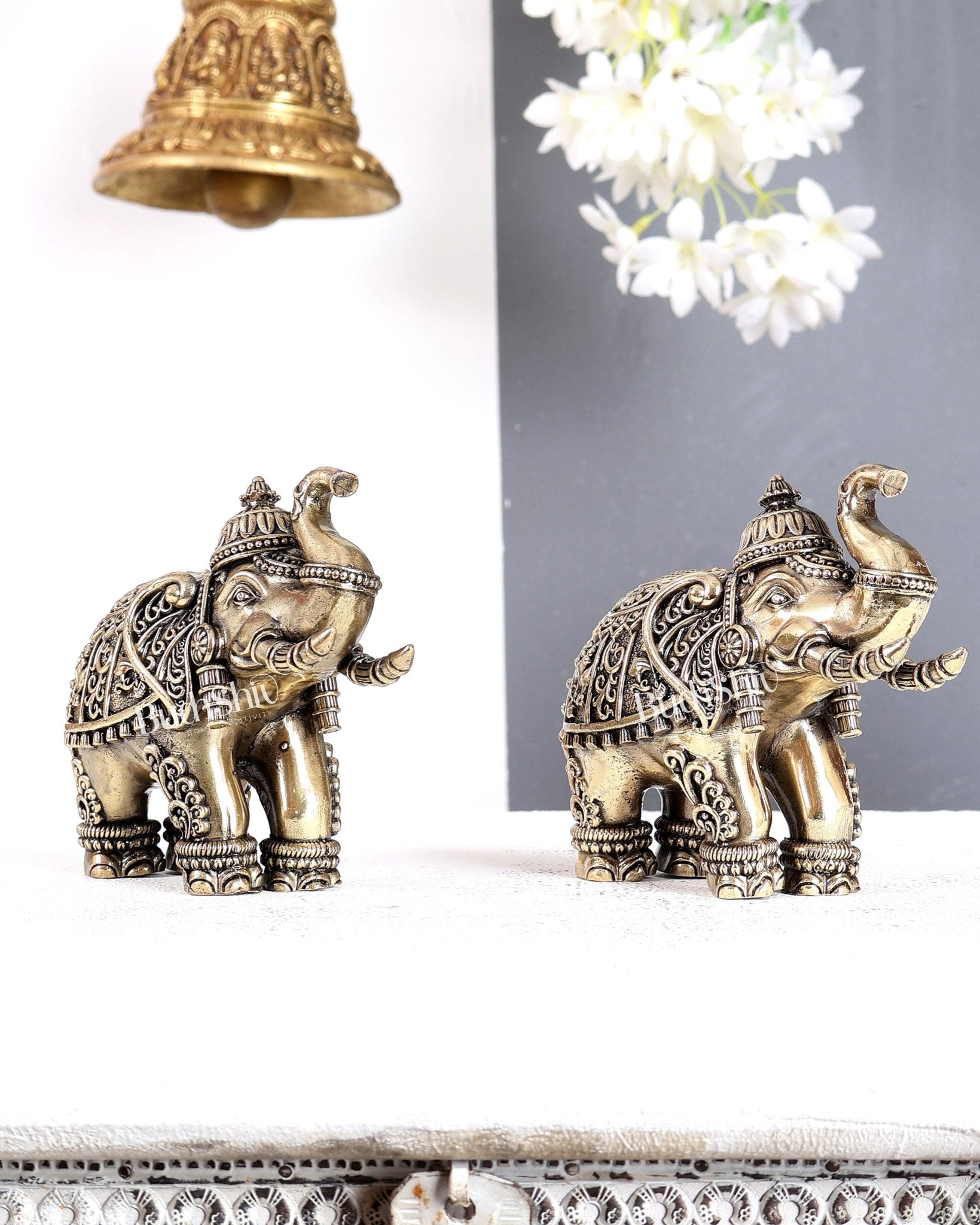 Brass Superfine Crowned Elephant Pair – Elegant Decorative Showpieces 5 inch - Budhshiv.com
