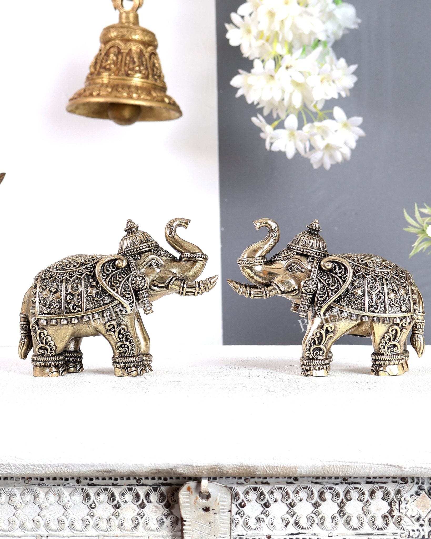 Brass Superfine Crowned Elephant Pair – Elegant Decorative Showpieces 5 inch - Budhshiv.com